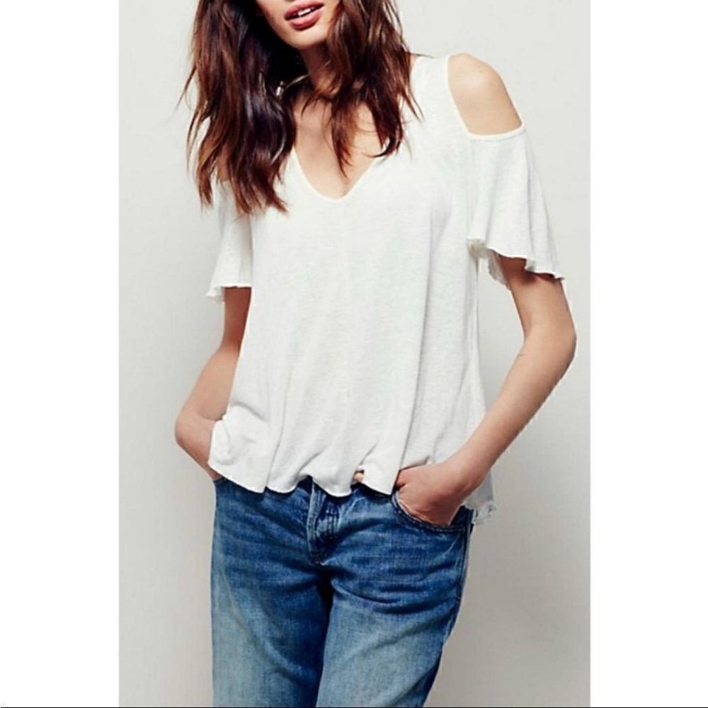 FREE PEOPLE Linen Blend Off White Bittersweet Cold Shoulder Tee Top S - Picture 3 of 13